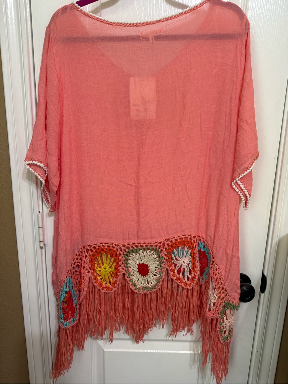 NWT Miracle S M pp21 Coral Boho colorful Crochet accents Fringe Tunic Top - Picture 6 of 10